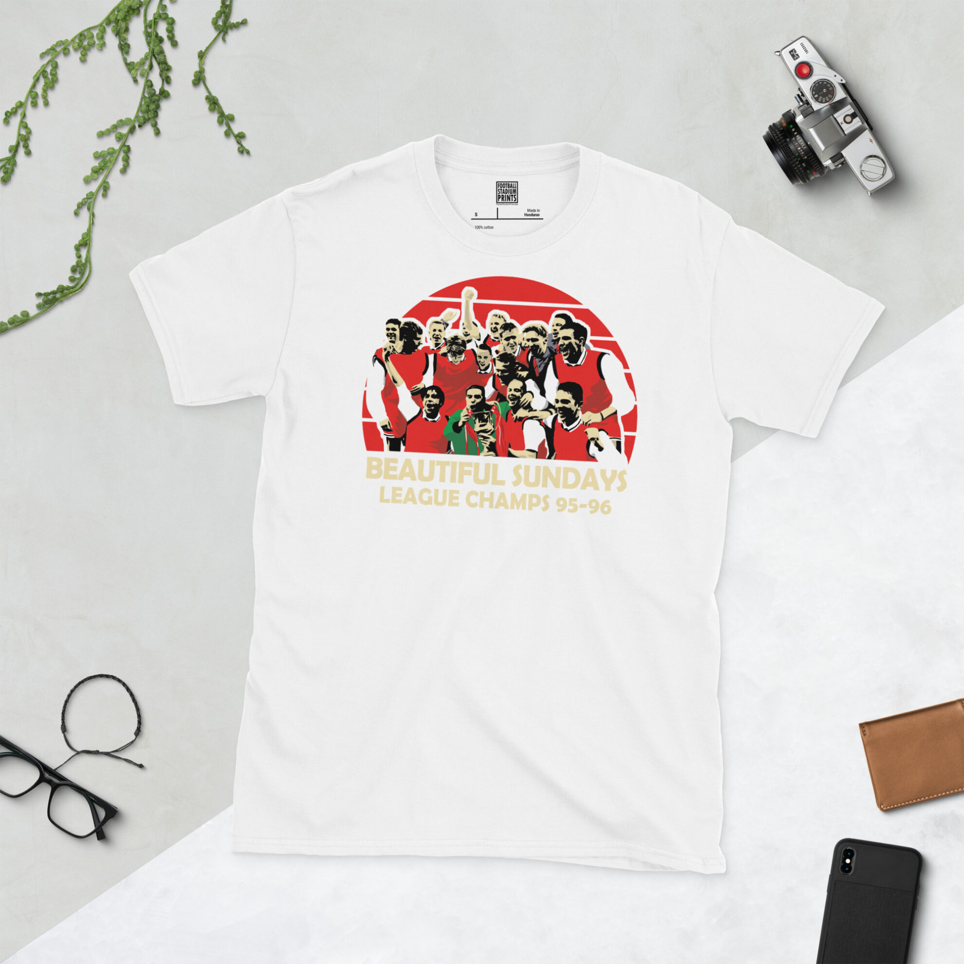 A clean white T-shirt featuring a high-definition distressed print of Stirling Albion's 1995-96 Second Division champions in traditional red club colours.