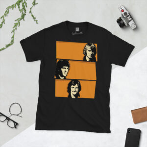 A premium black T-shirt featuring a three-panel old gold graphic of Wolves legends Dave Wagstaffe, John Richards, and Kenny Hibbitt.